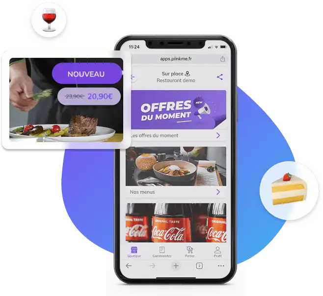 智能手机应用程序 PIINK Me 上的数字餐厅菜单界面。.