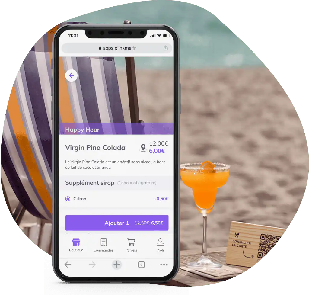solution digitale PIINK Me pour le secteur guinguette et bar de plage happy hour smartphone menu digital