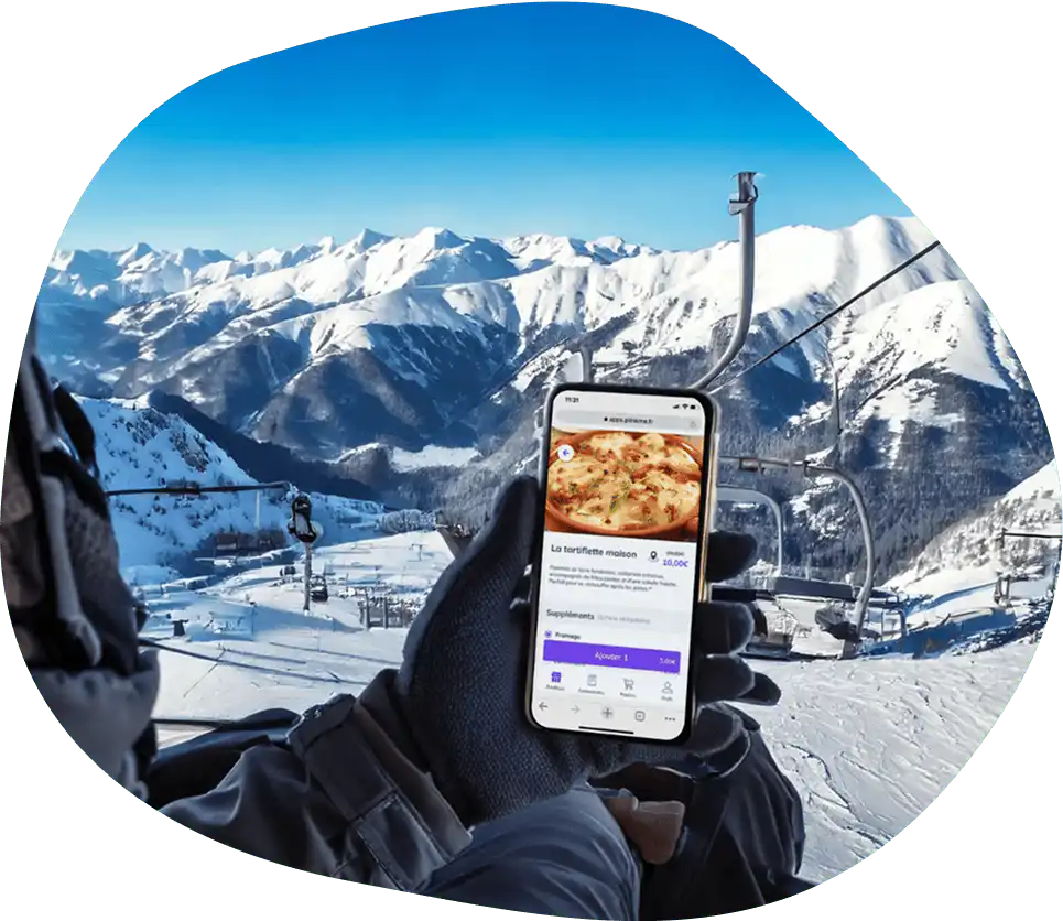 Interface menu digital restaurant sur smartphone montagne ski