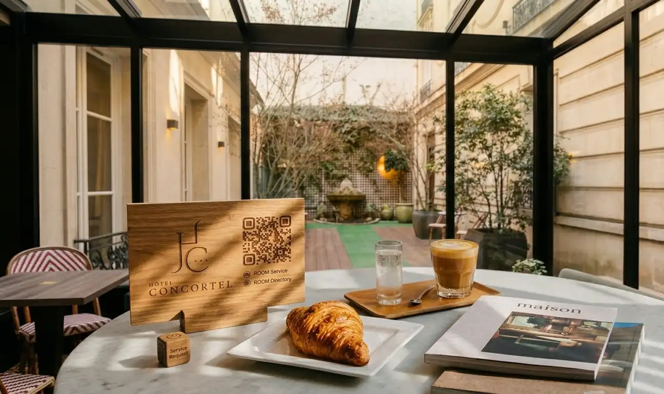 Hotel Concortel accesorio de madera código qr folleto de bienvenida servicio de habitaciones directorio de habitaciones digital