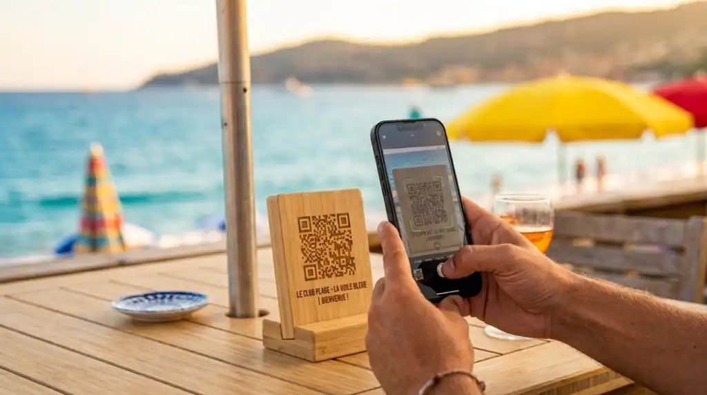 Client qui scanne un QR code sur un présentoir en bois dans un bar de plage pour consulter le menu digital