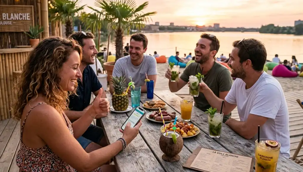Groupe d'amis contents dans un bar de plage, l'un d'eux laisse un avis Google sur son téléphone