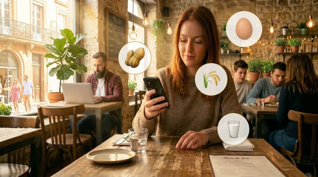 Client au restaurant tenant son smartphone avec notifications allergènes affichées - menu digital PIINK Me