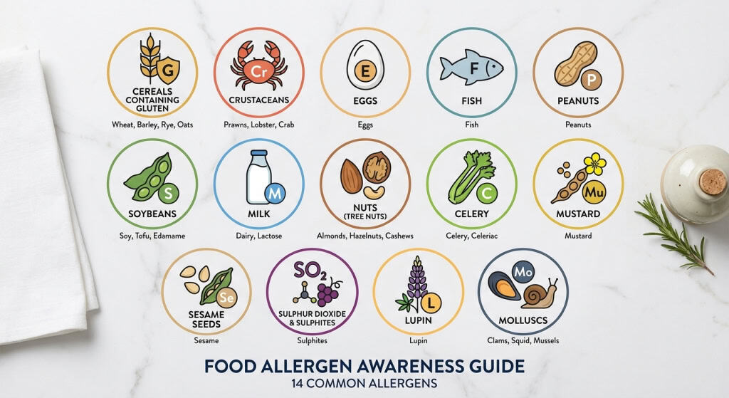 Les 14 allergènes obligatoires en restauration : gluten, crustacés, œufs, poissons, arachides, soja, lait, fruits à coque, céleri, moutarde, sésame, lupin, mollusques, sulfites