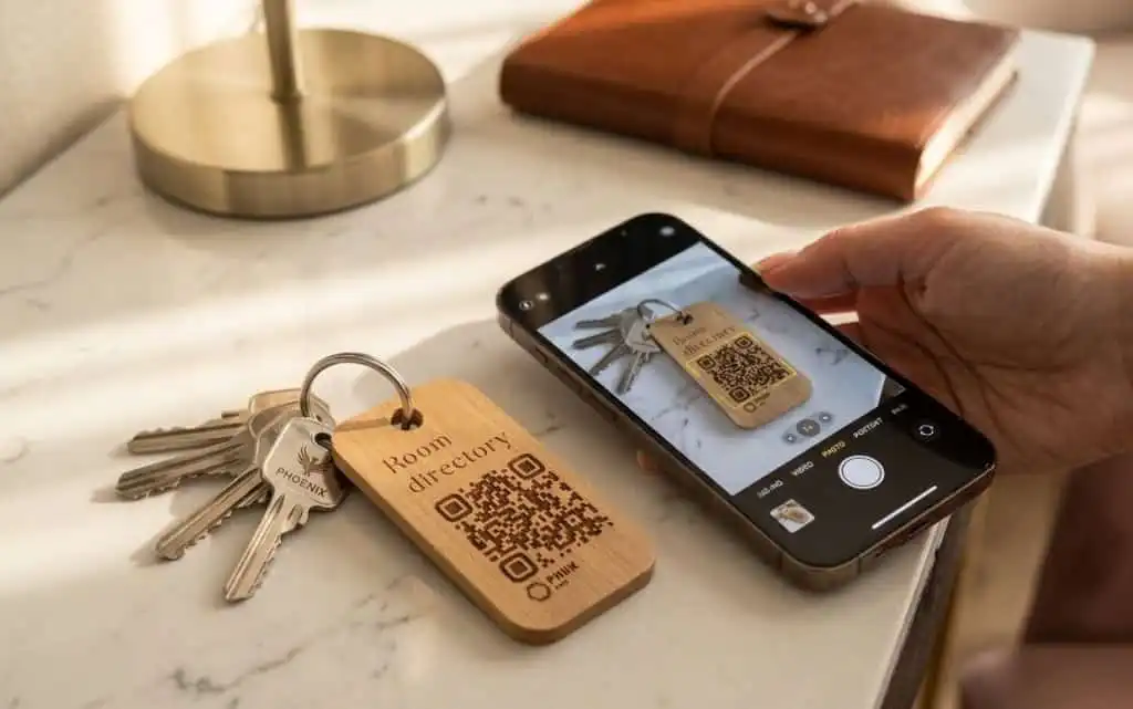 Client scannant le QR code Room directory sur un porte-clefs hôtel bois gravé PIINK Me avec son smartphone - table de nuit hôtel