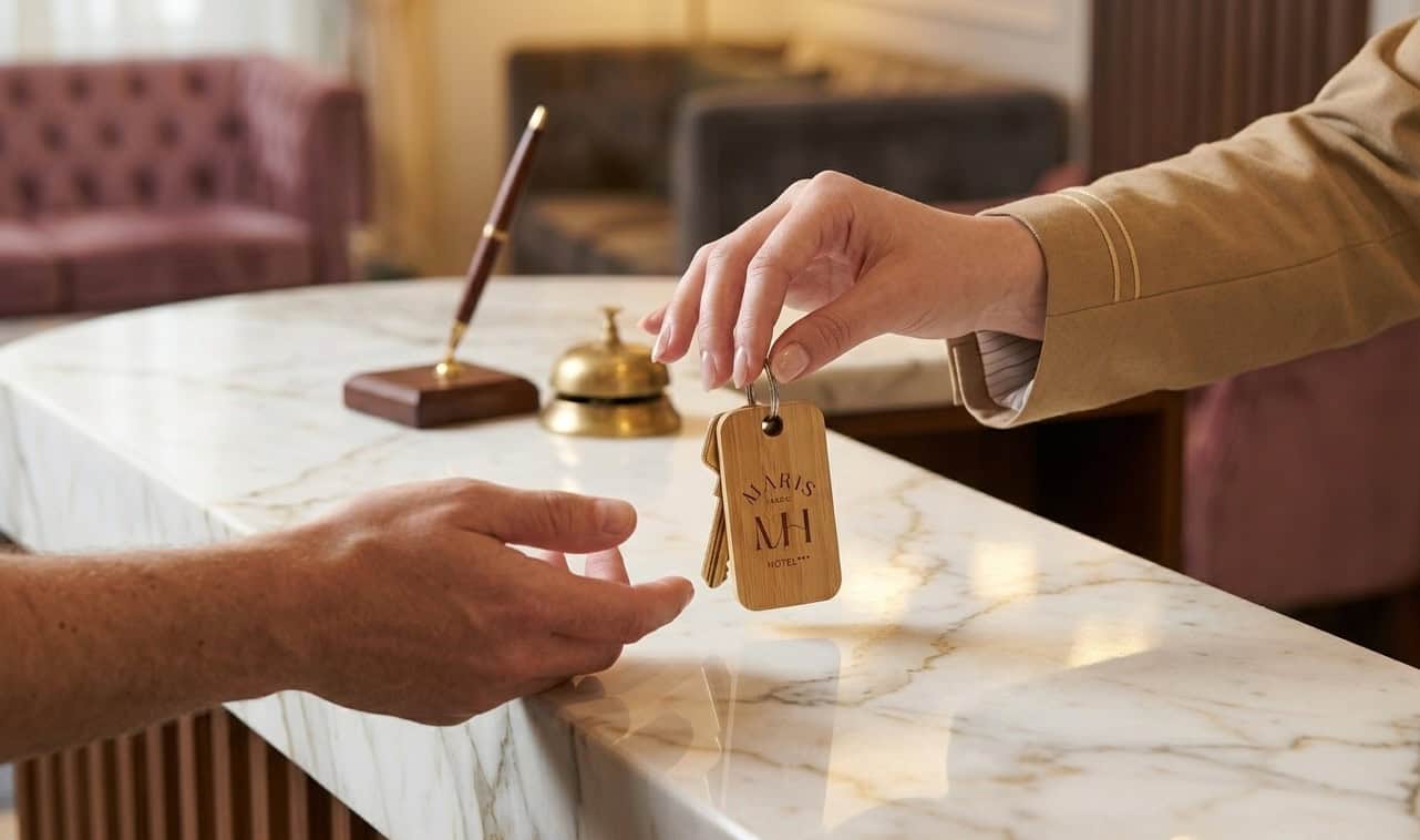 Remise du porte-clefs hôtel bois gravé PIINK Me à la réception - accessoire hôtel bambou personnalisé