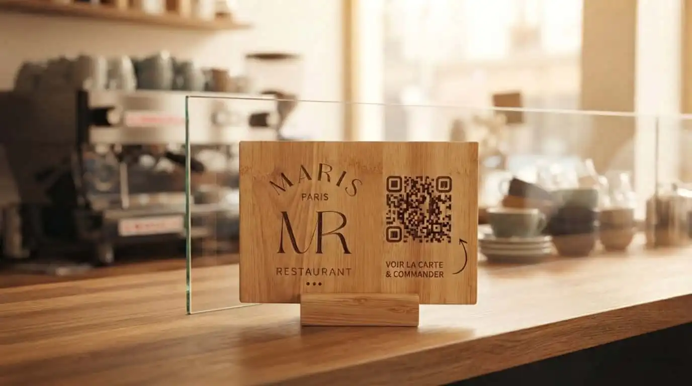 Menu digital restaurant éco-responsable avec présentoir bambou QR code PIINK Me, zéro papier zéro gaspillage